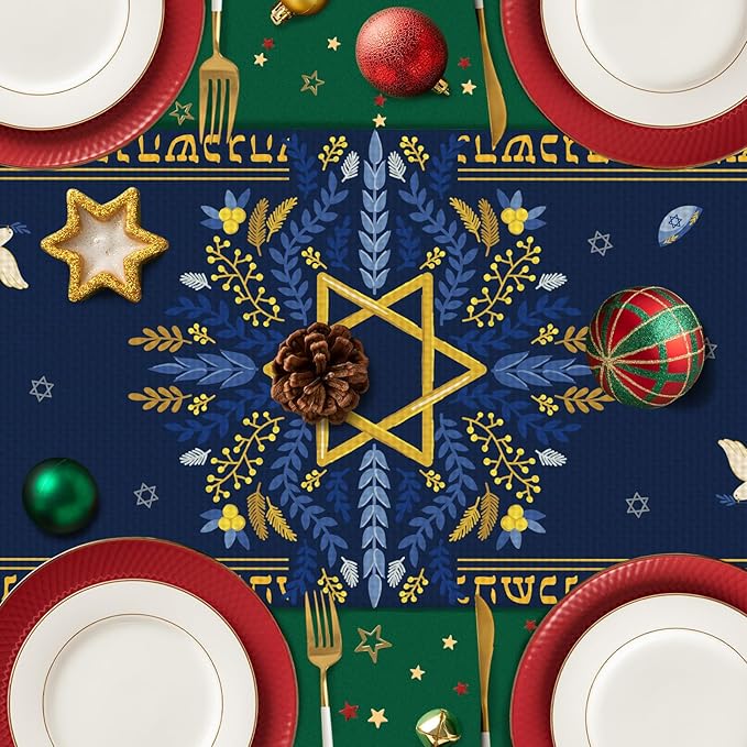 Hanukkah Burlap Table Runner Seasonal Kitchen Dining Linen Table Decoration for Indoor Outdoor Home Party Dinner 13x72 Inch