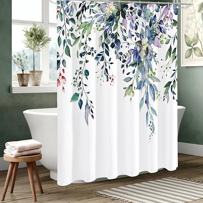 Gibelle Long Shower Curtain 72 x 78, Green Eucalyptus Leaves Shower Curtain, Watercolor Floral Plant Bathroom Curtains Shower Set with Hooks