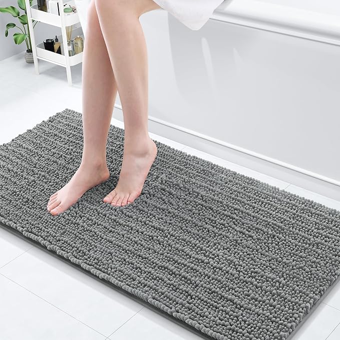 Arotive Luxury Chenille Bathroom Rug Mat, Extra Soft Thick Absorbent Shaggy Bath Rugs, Non-Slip Machine Wash Dry, Plush Bath Mats for Bathroom, Shower and Tub, 60x20, Grey