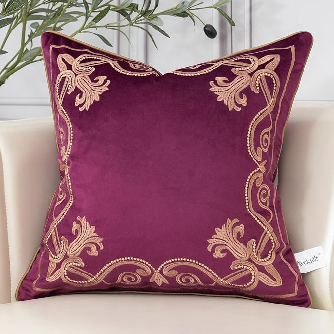 Aeckself Floral Pillow Cover 18x18 Inch, Luxury Velvet Embroidered Decorative Accent Throw Pillow Cover for Couch Bedroom Living Room, Burgundy Red and Gold