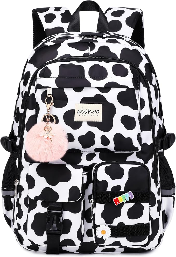 abshoo Big Student Laptop Backpack For College Women Middle High School Teen Girls Bookbag Travel Daypack (Cow Print Black)