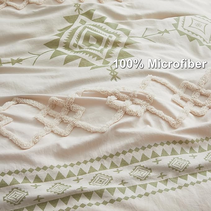 Oli Anderson Boho Duvet Cover Set King Size, Beige and Sage Green Color Clash 3 Pieces Microfiber Bedding Set, Durable and Super Soft Duvet Covers with Zipper and Ties, 104"*90"