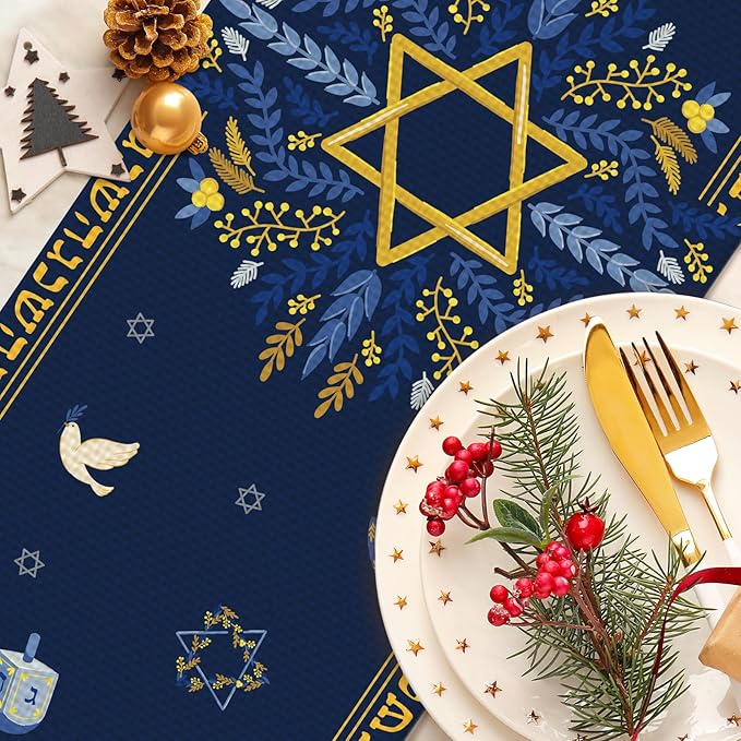 Hanukkah Burlap Table Runner Seasonal Kitchen Dining Linen Table Decoration for Indoor Outdoor Home Party Dinner 13x72 Inch