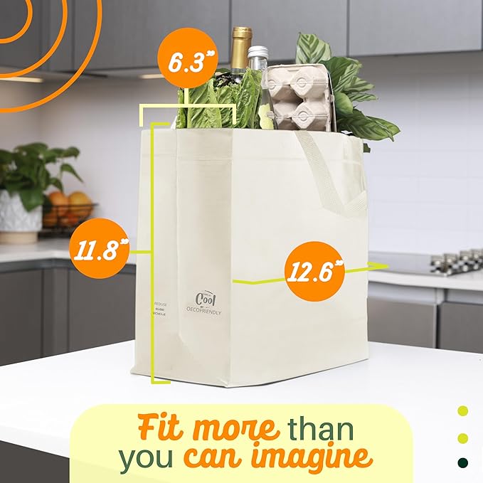 Simply Cool 50 Pack Reusable Eco-Friendly Grocery Shopping Bags 12.6"x6.3"x11.8" Durable, Recyclable, Washable, Foldable, Portable Tote Bags Bulk (50 Pack,Cream)