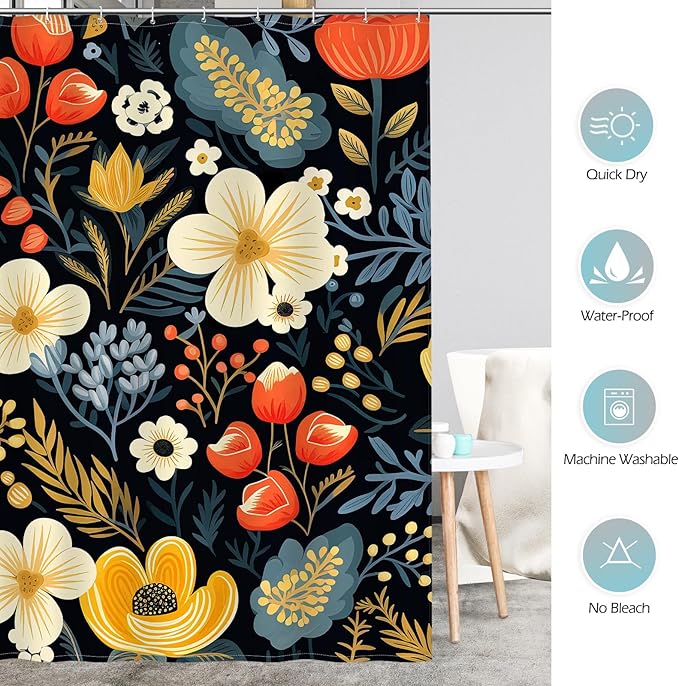 Aimego Black Floral Shower Curtain - Dark Beige Yellow Flowers Plants Boho Chic Colorful Botanical Leaves Fabric Cloth Bath Shower Curtain Set with 12 Hooks for Bathroom Decor Accessories, 72"x72"