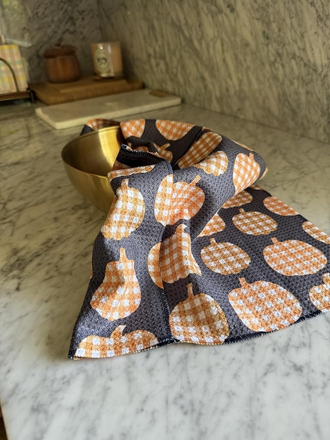 || 3 Pack|| Double Sided Dish Towels || Waffle Weave Microfiber || Tea Towels || Highly Absorbent || Hanging Loop || Dish Cloths || Modern || Designer Prints (Fall Leaves Gray)