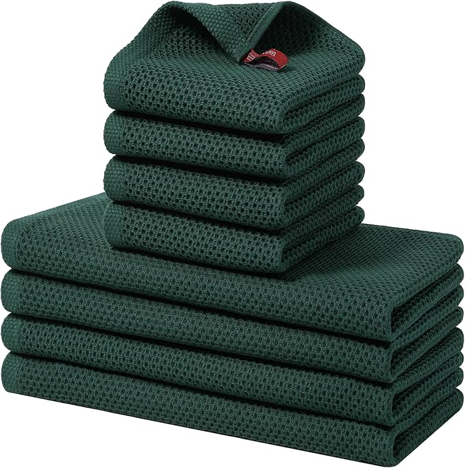Homaxy 100% Cotton Kitchen Towels and Dishcloths Set, 12 x 12 Inches and 13 x 28 Inches, Set of 8 Bulk Kitchen Towels Set, Ultra Soft Absorbent Dish Cloths for Washing Dishes, Blackish Green
