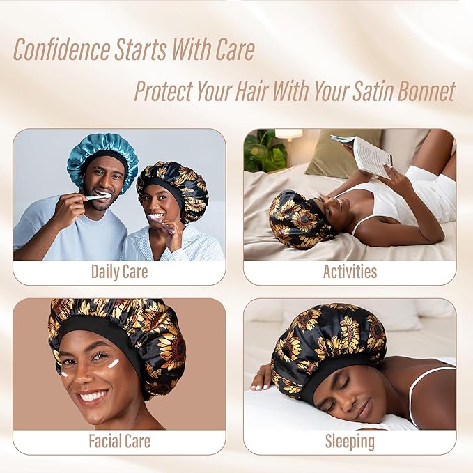 Satin Bonnet Adjustable Sleeping Silk Bonnet Black Women Men Double Layer Satin Silk Sleep Cap Hair Wrap Large Curly Hair