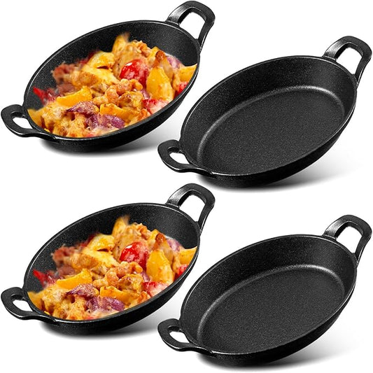 Mifoci 4 Pcs Oval Serving Dish Mini Cast Iron Skillet Cast Iron Baking Pan Sizzling Plate Matte Black Gratin Cookware for Home Restaurant Kitchen Food Service Barbecue (10.8" X 6.1")