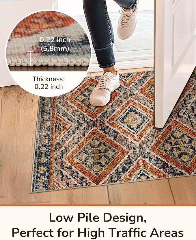 Area Rug 5x7 Rug Machine Washable Non-Slip Low Pile Print Pattern Western Rug for Living Room Bedroom Entryway Tribal Series -Orange/Brown