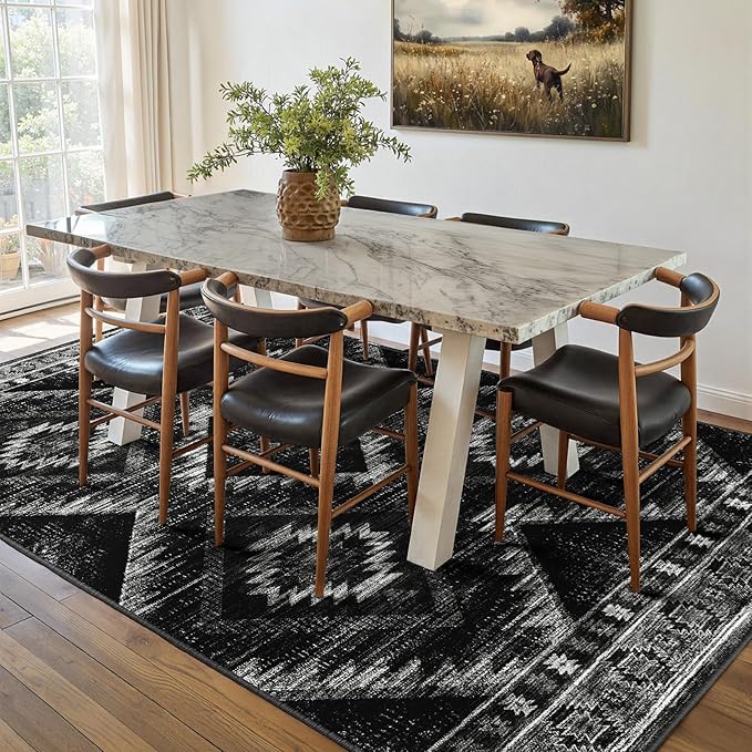 Area Rug 6x9 Rug Machine Washable Non-Slip Low Pile Print Pattern Western Rug for Living Room Bedroom Entryway Tribal Series -Black