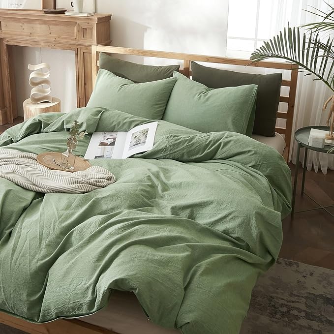 AMWAN Modern Style Sage Green Duvet Cover Queen Size 100% Washed Cotton Light Green Bedding Sets Hotel Quality Solid Color Comforter Cover 1 Queen Duvet Cover with 2 Pillowcases