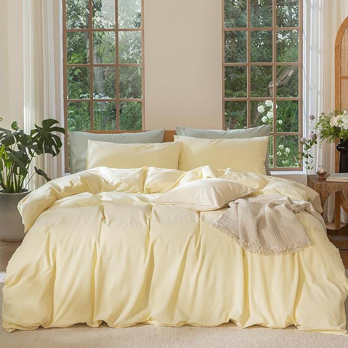 MooMee Bedding Duvet Cover Set 100% Washed Cotton Linen Like Textured Breathable Durable Soft Comfy (Heathered Butter Yellow, Super Queen 90"x98")