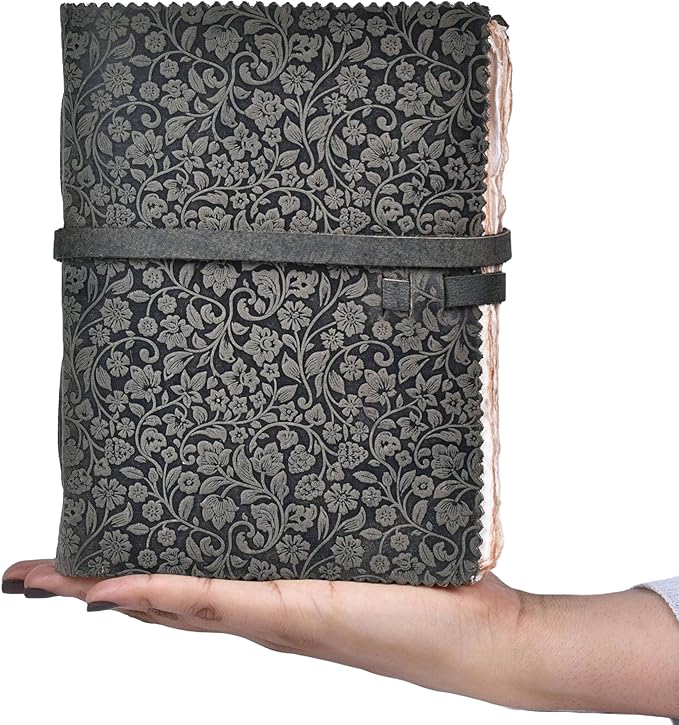 LEATHER VILLAGE Leather Bound Floral Embossed Journal for Women Men - 200 Pages, 6”X4”(A6), Black - Book of Shadows, Vintage Blank Paper Travel Diary, Notebook for Writing, Drawing, Sketchbook