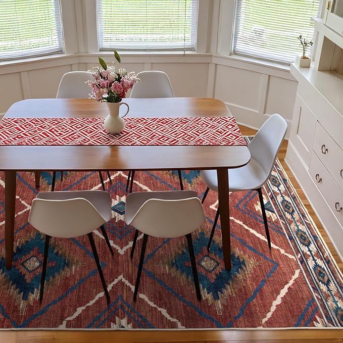 Area Rug 6x9 Rug Machine Washable Non-Slip Low Pile Print Pattern Western Rug for Living Room Bedroom Entryway Tribal Series -Red/Orange