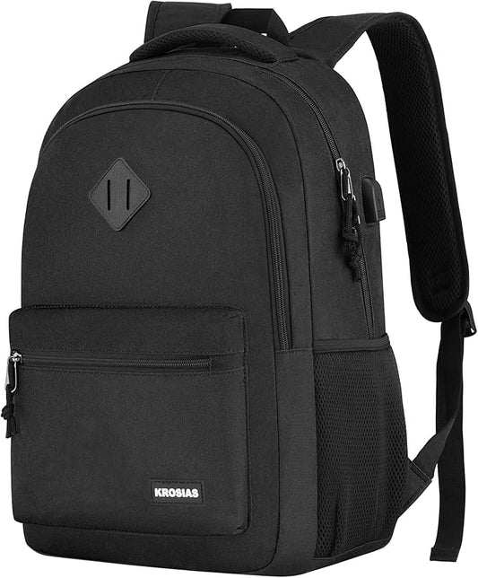 Black Backpack for Men and Women, School Backpack Teens Boys and Girls 17.3 Inch Laptop Bookbag with USB Charger for High School College Work Travel Business