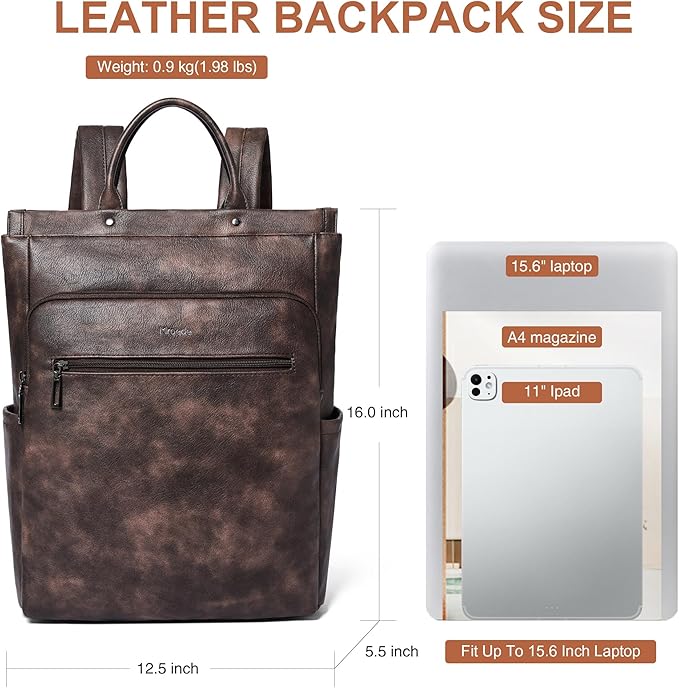 Leather Laptop Backpack for Women, Travel Backpack Purse Fits 15.6 Inch Laptop, Casual Daypack with Laptop Compartment for College Work Business Nurse Weekender, Coffee