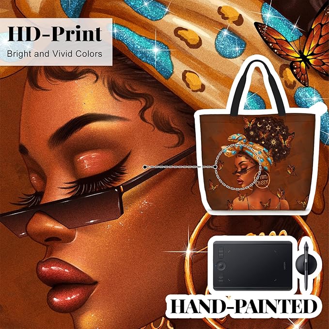 African American Women Tote Bag Black Shoulder Handbag For Women Fit Work Beach Labtops With Zip