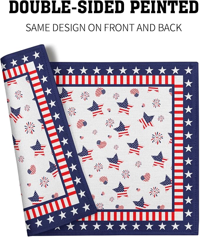 Giwawa 4th of July Placemats for Kitchen Dining, 12x18Inch Patriotic American Flag USA Stars Linen Table Place Mats Non-Slip Heat Resistance Set of 4 for Independence Day Holiday Party Decor