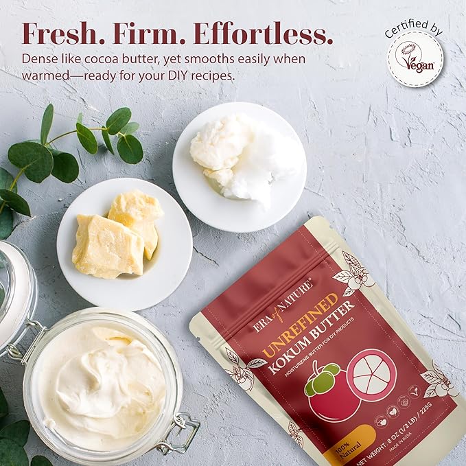 era of nature Kokum Butter Raw - 8 oz (1/2lb) – Natural Butter for Body Butters, Lotion Bars, Lip Balm, Soap Making – Blends Well with Shea or Cocoa Butter – For Stretch Marks, Scars, Pregnancy Care