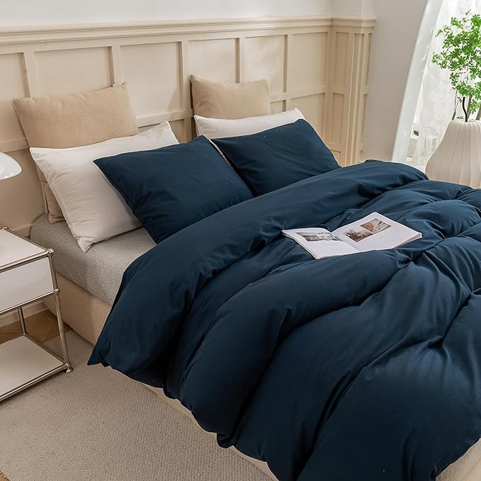 ECOCOTT Navy Blue Duvet Cover California King Size - 100% Washed Cotton Durable Soft Comfy Bedding Set, 3 Pieces Duvet Cover with Zipper Closure (Navy Blue, 104''x98'')