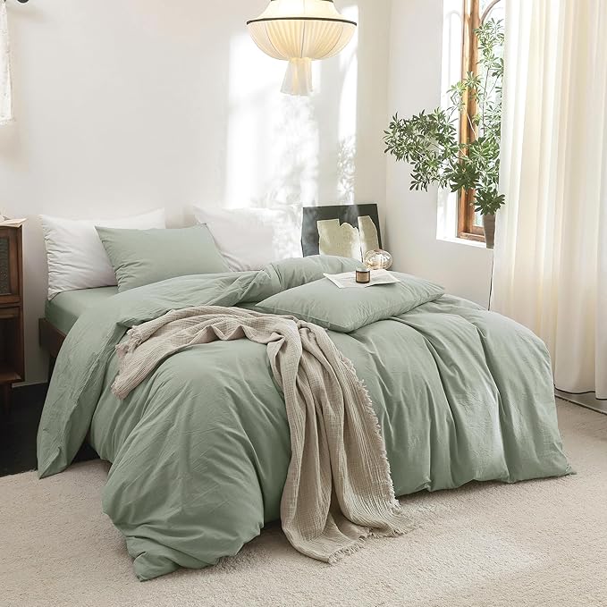 FOSSA Duvet Cover Set 100% Washed Cotton Linen Feel Super Soft Breathable Cozy 3 Pieces Bedding Sets Solid Sage Green Full/Double