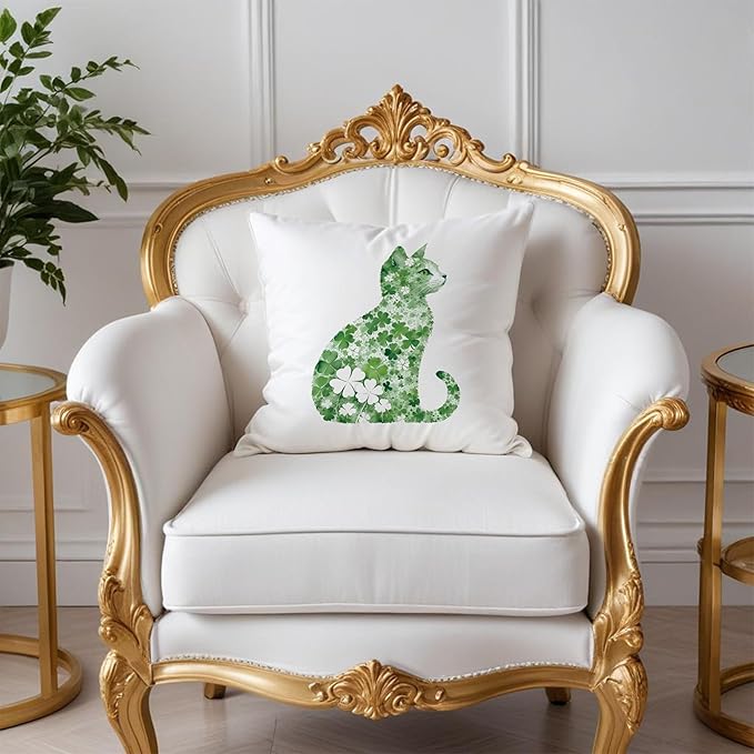 St Patrick's Day Cat Pillow Covers 18x18, Four Leaf Clover St Patrick's Day Pillow Covers, Lucky Shamrock St Patricks Day Cat Room Decor, St Patrick's Day Decorations for Sofa Bed Living Room