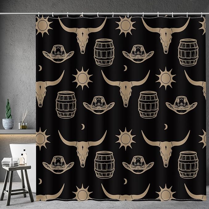 Aimego Western Bull Skull Shower Curtain - Black and Gold Cow Boho Southwest Cowboy Ethnic Tribal Country Farmhouse Fabric Cloth Shower Curtains Set with 12 Hooks for Bathroom Decor, 72"x72"