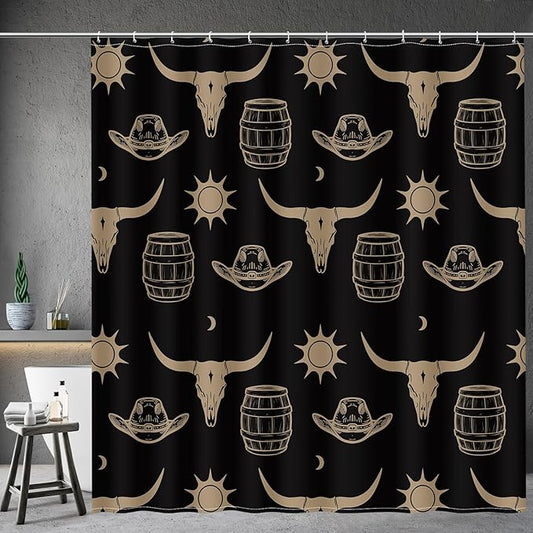 Aimego Western Bull Skull Shower Curtain - Black and Gold Cow Boho Southwest Cowboy Ethnic Tribal Country Farmhouse Fabric Cloth Shower Curtains Set with 12 Hooks for Bathroom Decor, 72"x72"
