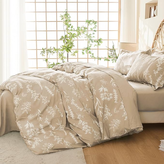 MUXHOMO Duvet Cover Full Size, Reversible Floral Beige Duvet Cover Set with Zipper Closure, 3 Pieces Botanical Patterns Soft Microfiber Bedding Set with 4 Ties (80"x90", 2 Pillow Cases)
