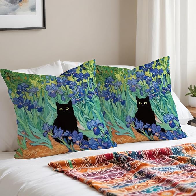 William Morris Floral Black Cat Pillow Covers 18x18, Cat Lovers Mom Grandma Gifts for Mother's Day, Blue Floral Cats Decorative Pillow Covers for Home Bedroom Living Room Office Decor