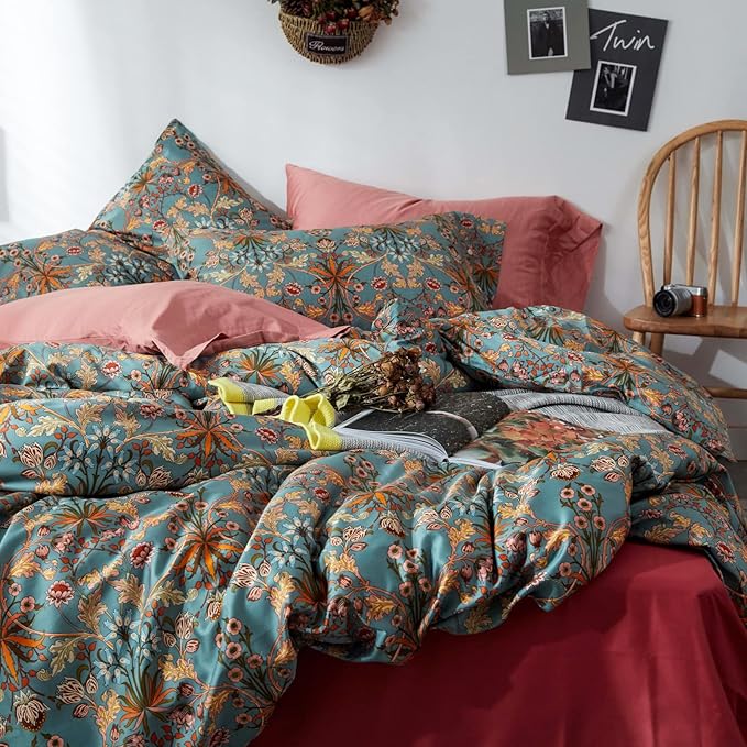 mixinni Vintage Style Garden Flower Duvet Cover Set with Zipper Closure Long Staple Percale Cotton Yellow Vibrant Pattern on Bedding Quilt Cover Set(King, All Season)