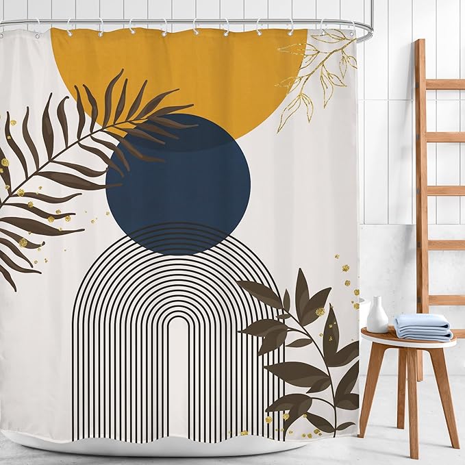 Navy Blue Yellow Boho Shower Curtain Modern Mid Century Abstract Gold Leaves Minimalist Vintage Plant Sun Bathroom Decor Geometric Arch 60Wx72H Bath Curtain Fabric Polyester 12 Pack Hooks