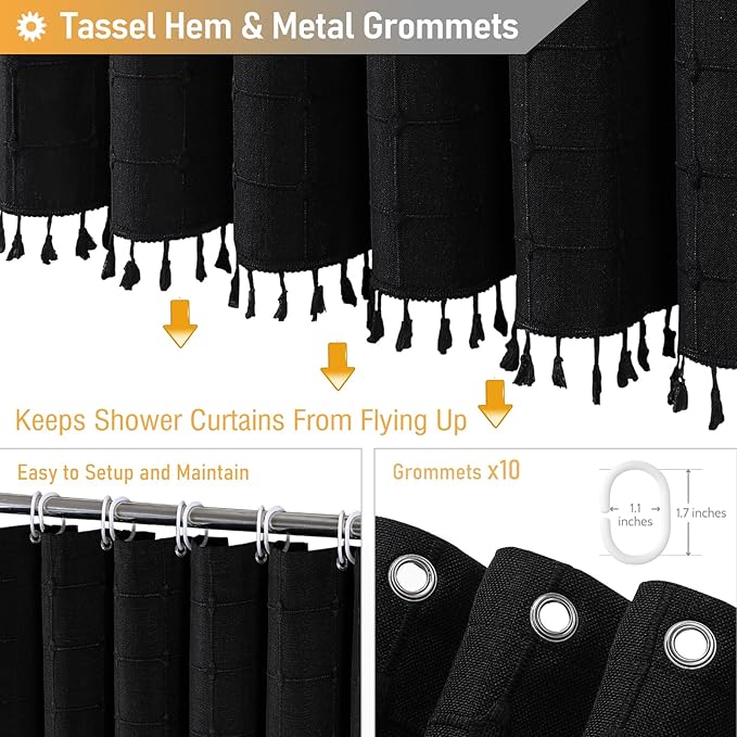 BTTN Stall Shower Curtain - 60 x 72 Inch Narrow Boho Farmhouse Linen Vintage Fabric Shower Curtain Set with 10 Hooks, Bohemian Country Decorative Heavy Duty Shower Curtains for Bathroom - Black