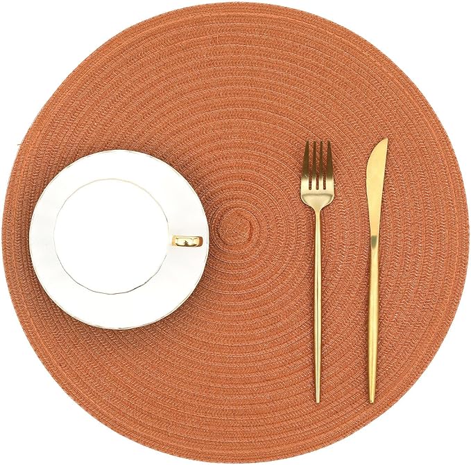 SHACOS Round Placemats Set of 4 for Dining Table 15 inch Round Braided Fall Placemats Washable Kitchen Table Mats Home Decor, Dark Orange