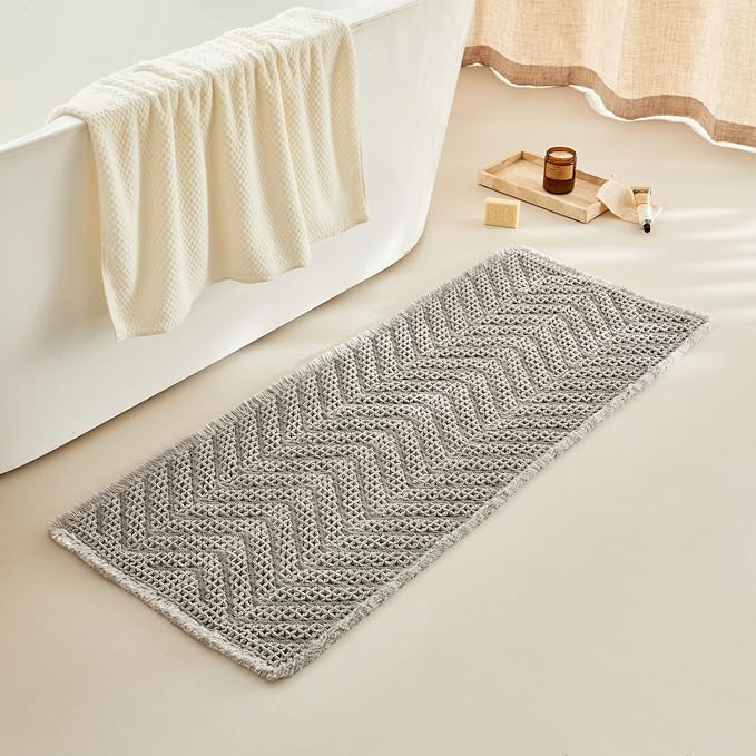Bathroom Runner Rug Super Absorbent Non Slip Long Bath Mat Machine Washable Boho Bathroom Rugs Quick Dry Rug Runners for Hallway Bedroom Laundry Room,Grey, 2'x 6'(24" x 72")