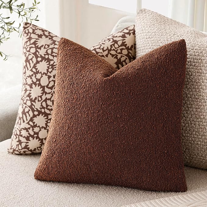 Foindtower Pack of 2, Decorative Textured Boucle Throw Pillow Covers Modern Accent Solid Pillow Cases Cozy Soft Couch Cushion Case for Chair Sofa Bedroom Living Room Home Decor 22x22 Inch Red Taupe