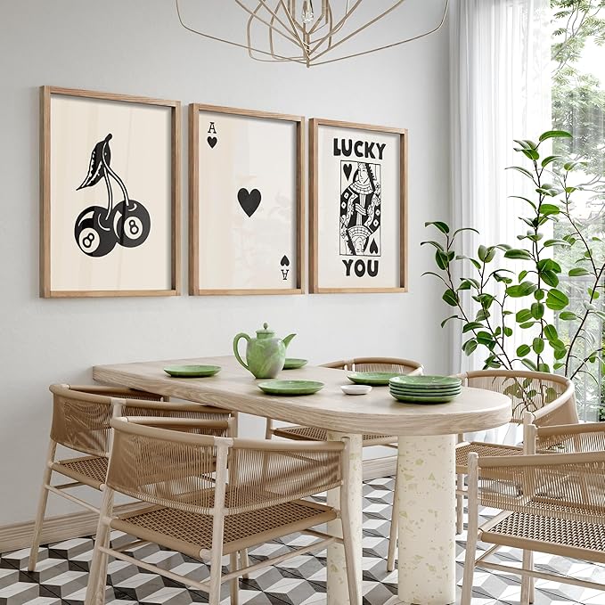 Heiple Framed Set of 3 Poker Wall Art Lucky You Poster, Trendy Retro Print Wall Decor for Queen of Hearts Wall Art Rustic Vintage Farmhouse Home Wall Decor（Brown 12"x16"）