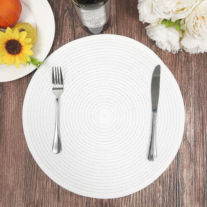 SHACOS Round Braided Placemats Set of 6 Round Table Mats for Dining Table 15 inch Washable Cotton Polyester Place Mat (White, 6)