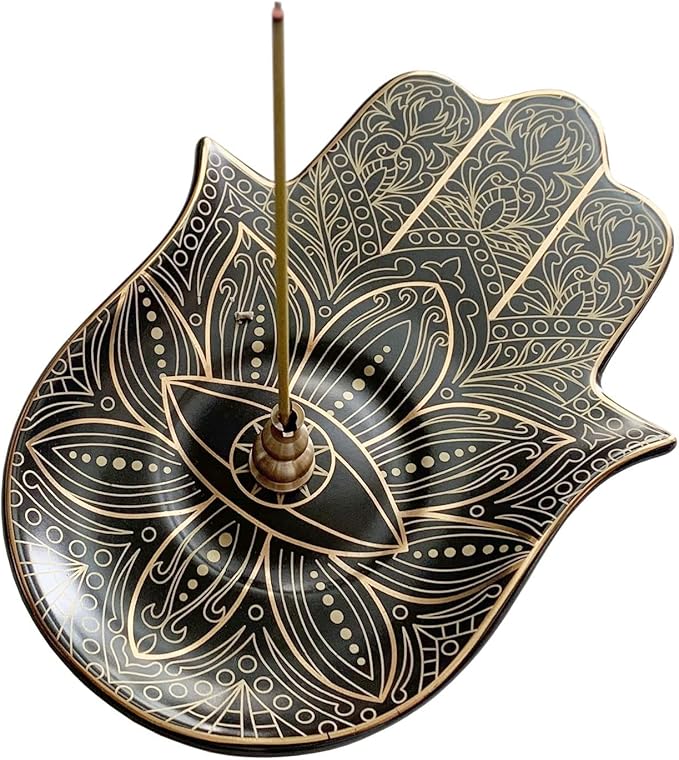 Ceramic Hamsa Hand Incense Holder - 2 in 1 Brass Incense Holder for Sticks and Coil Incense- Zen Decor with Hand of Fatima Design Protection from Evil - 6.2" L X 4.5" W (Black)