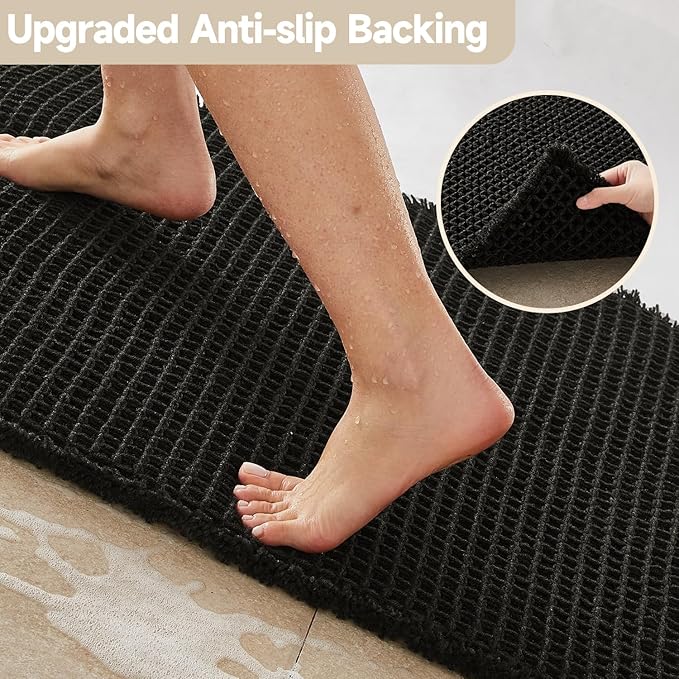 Black Bathroom Rug, Waffle Bath Mat Non Slip Washable Super Absorbent Quick Dry Boho Farmhouse Bathroom Decor, 24"x16" Black