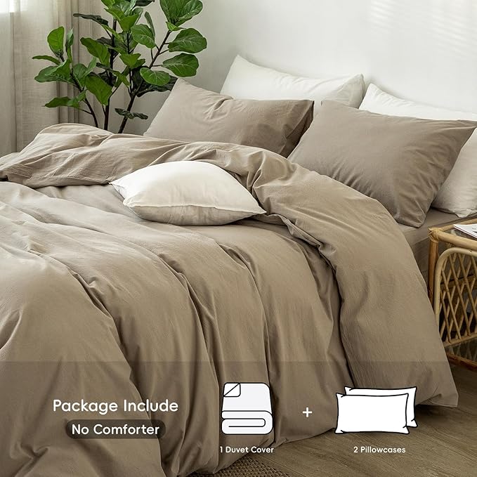 MooMee Bedding Duvet Cover Set 100% Washed Cotton Linen Like Textured Breathable Durable Soft Comfy (Solid Light Camel, Full 80"x90")