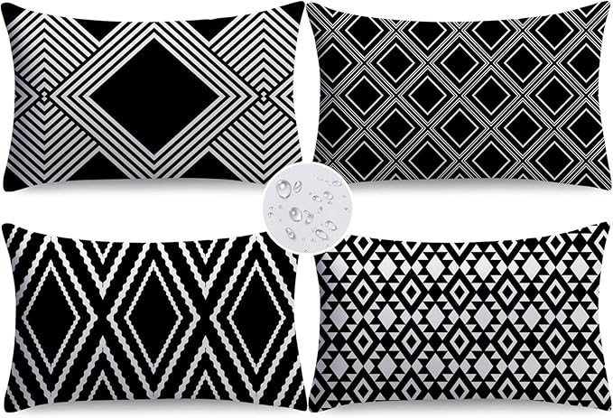 NIGHTWISH Outdoor Waterproof Pillow Covers 12x20 Set of 4 Black and White Decorative Outdoor Throw Pillows Boho Cushion Cases for Patio Furniture Bench Couch Sunbrella