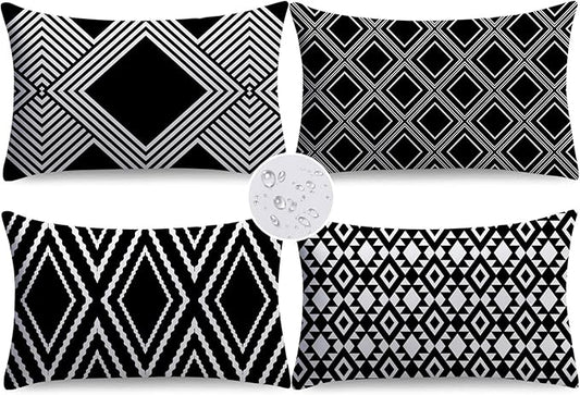 NIGHTWISH Outdoor Waterproof Pillow Covers 12x20 Set of 4 Black and White Decorative Outdoor Throw Pillows Boho Cushion Cases for Patio Furniture Bench Couch Sunbrella
