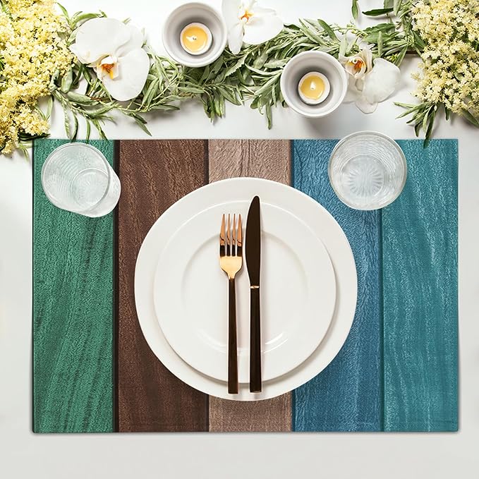 Giwawa Rustic Wood Placemats Set of 4- Vintage Teal Brown Wooden Board Linen Place Mat 12x18 Inch- Farmhouse Country Style Washable Non-Slip Table Mats for Kitchen Dining Cabin Decor