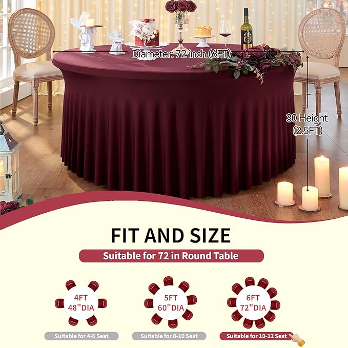 Outpain 6 Pack 72inch Burgundy Spandex Round Tablecloths, Stretchy 132inch Fitted 6FT Round Table Cloths, Wrinkle Free Table Cover with Skirt for Wedding Party Dining Banquet