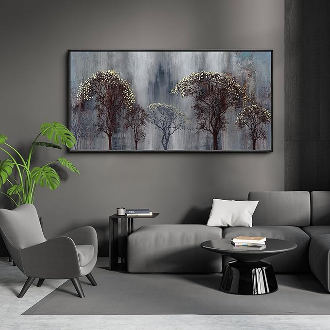 KLAKLA Living Room Wall Art - Black and White Wall Decor Large Picture Landscape Black and Gold Tree Artwork for Walls Frame Canvas Bedroom Office Home Decor 48x24 Inches