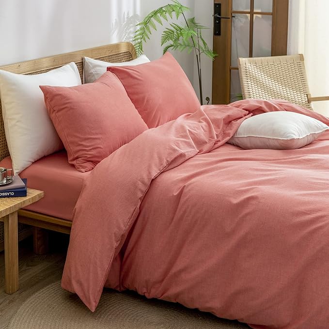 BESTOUCH Duvet Cover Set 100% Washed Cotton Linen Feel Super Soft Comfortable Chic Lightweight 2 PCs Home Bedding Set Solid Orange Twin/Twin XL