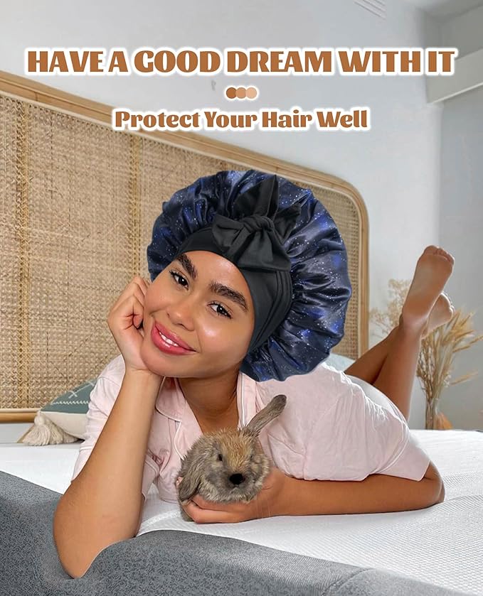 Satin Bonnet Silk Bonnet for Sleeping Silk Sleep Cap Double Layer Hair Bonnet with Elastic Tie Band for Curly Hair Night Cap(Nebula+Black)