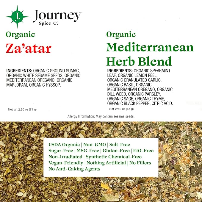 Gourmet Organic Mediterranean Herb Blend & Organic Za'atar Gift Set by Journey Spice Co. | Salt-Free | Greek, Mediterranean, Middle Eastern Seasoning | 4.5 oz. (total) | Resealable/Reusable Cap